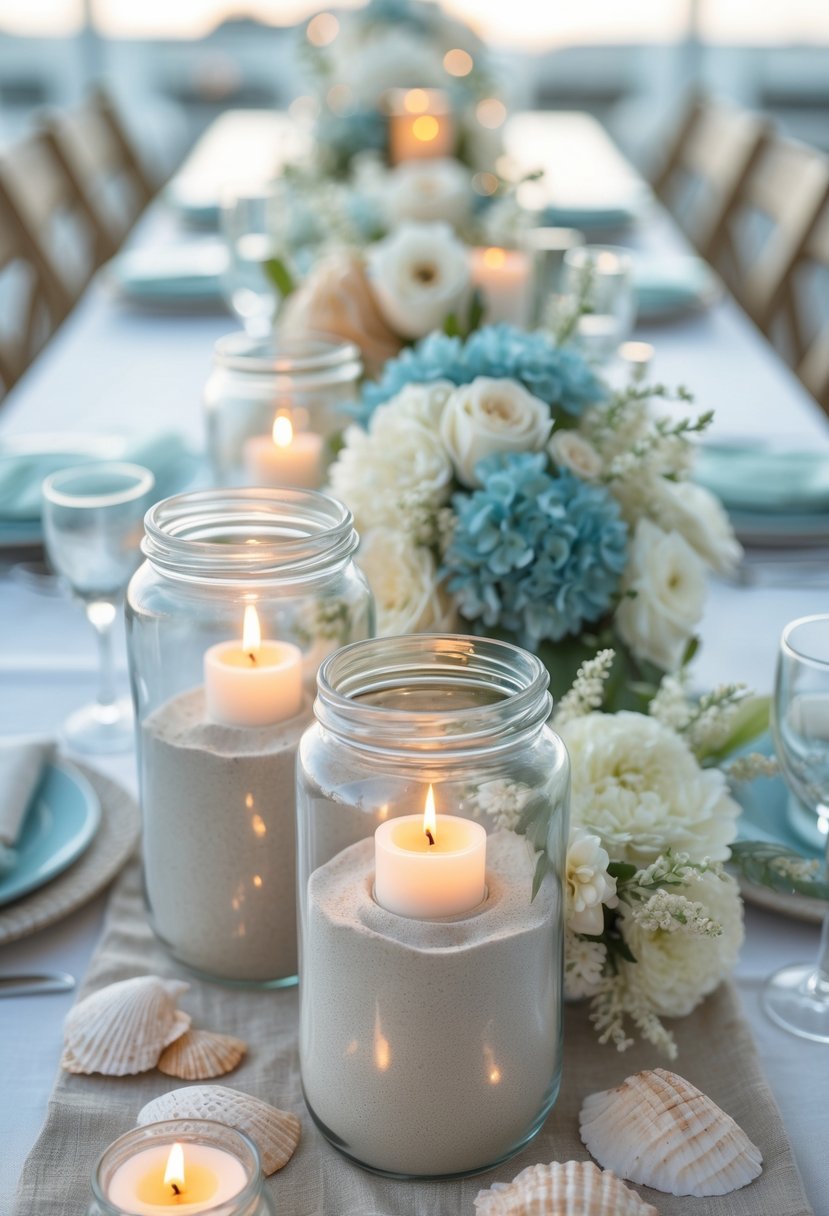 A full view of a beach-themed event table with glass jars filled with sand and tealight candles, surrounded by floral arrangements and ocean-inspired decorations.