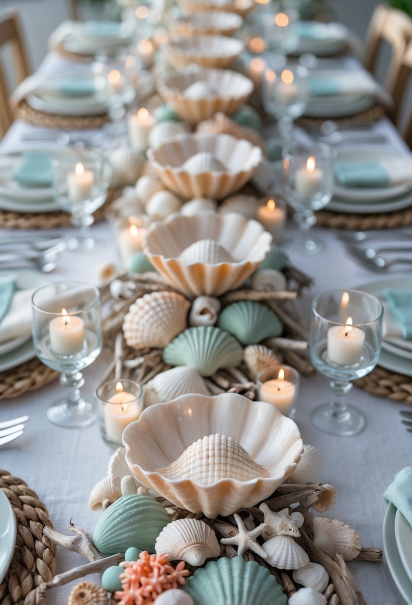 A beautifully arranged ocean-themed table set with clam shell dessert bowls, candles, florals, and coastal decorations under natural light.