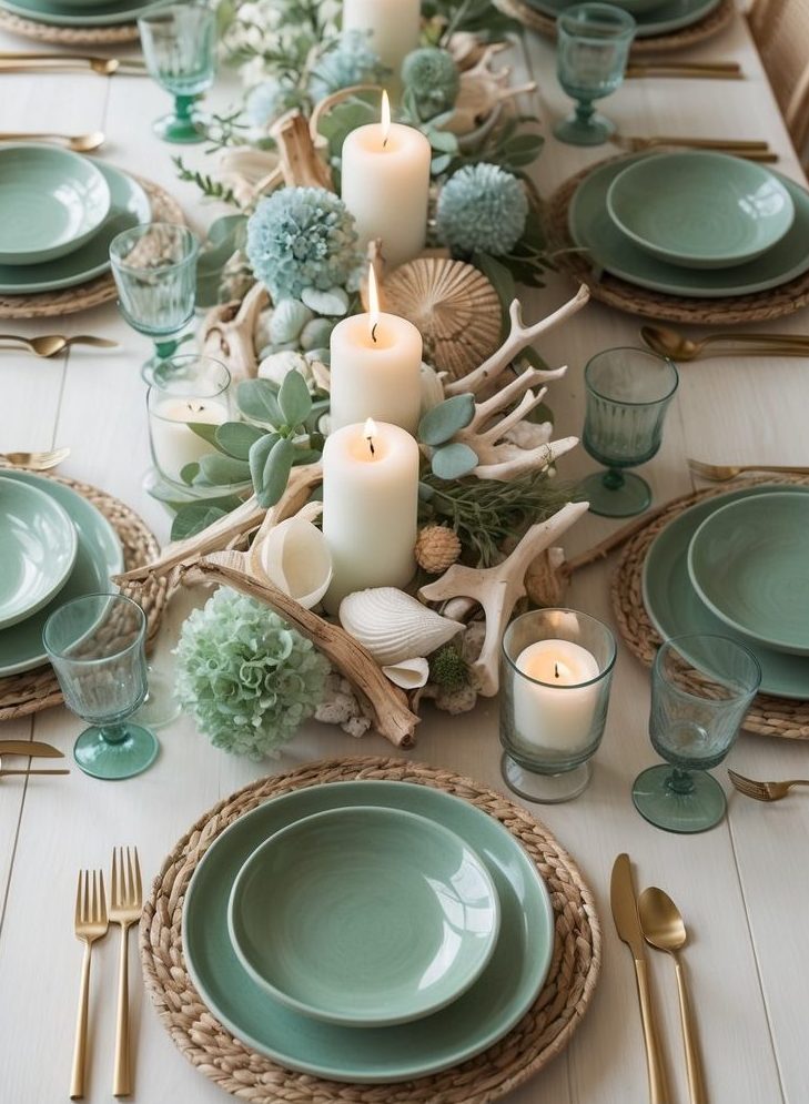 A dining table set with green plates, gold cutlery, woven placemats, and green glasses, decorated with white candles and coastal-themed centerpieces.
