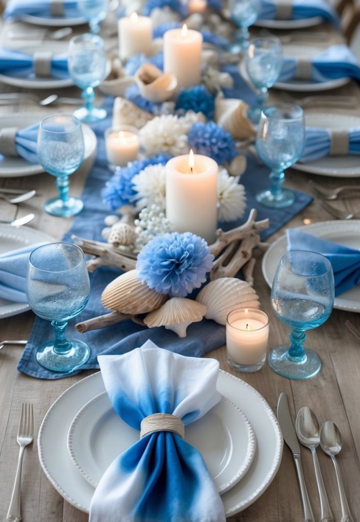 A dining table is set with blue and white napkins, blue glassware, silver cutlery, and decorated with candles, seashells, and blue flowers for a coastal-themed gathering.