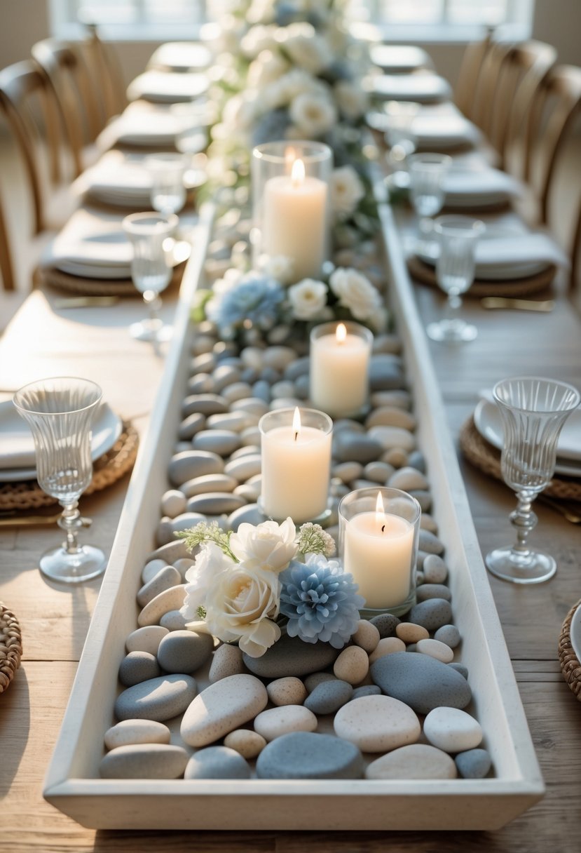A long wooden table set with trays of beach pebbles, white candles, and blue and white flowers arranged as a centerpiece under natural daylight.
