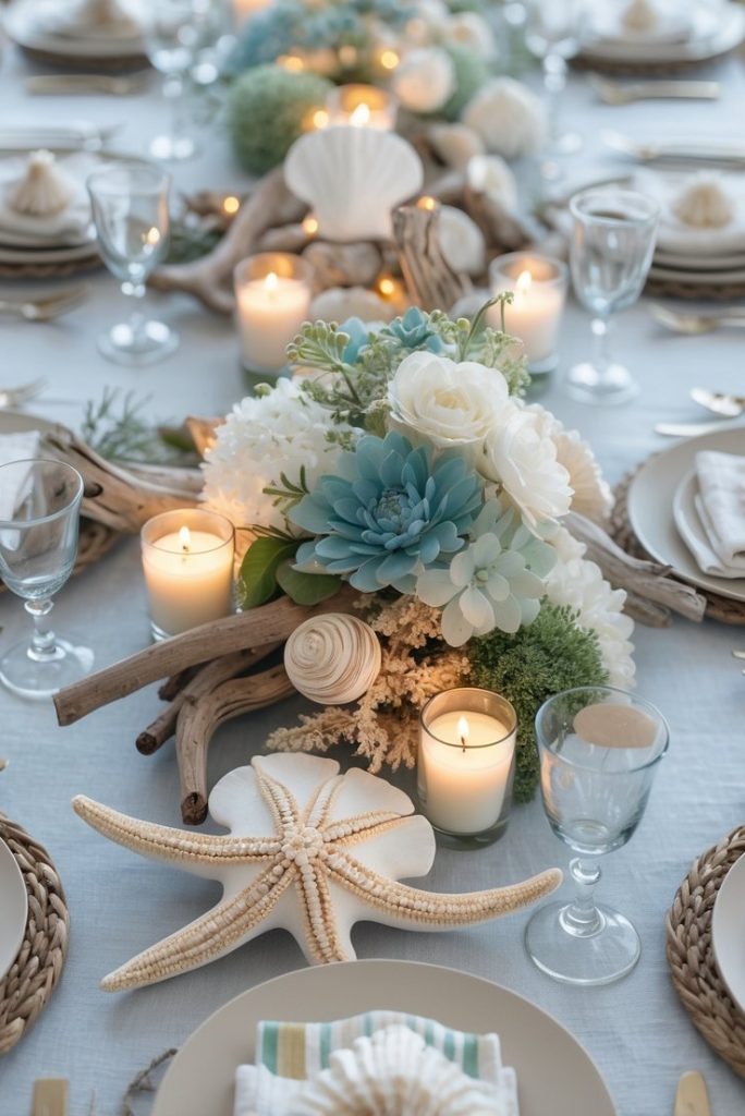 A table set for a meal features coastal-themed decor, including starfish, candles, driftwood, and blue and white flowers as a centerpiece. Plates, glasses, and cutlery are neatly arranged.
