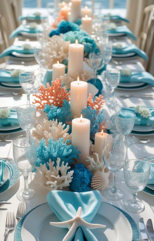 A long dining table is set with turquoise napkins, white plates, starfish, glassware, candles, and blue and coral-colored artificial coral centerpieces in a coastal theme.