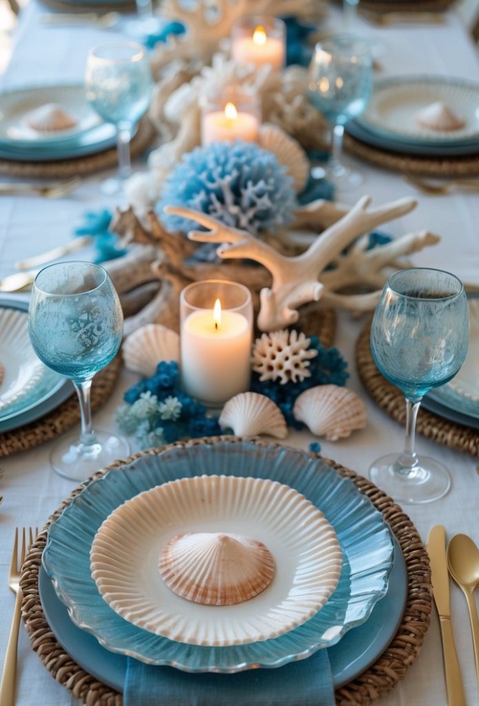 A table set with blue and white plates, shell-themed decorations, candles, and wine glasses, arranged for a coastal-themed dinner.