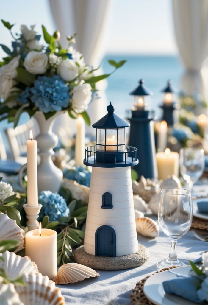 A seaside-themed table setting features lighthouse centerpieces, candles, seashells, and floral arrangements in blue and white, with the ocean visible in the background.