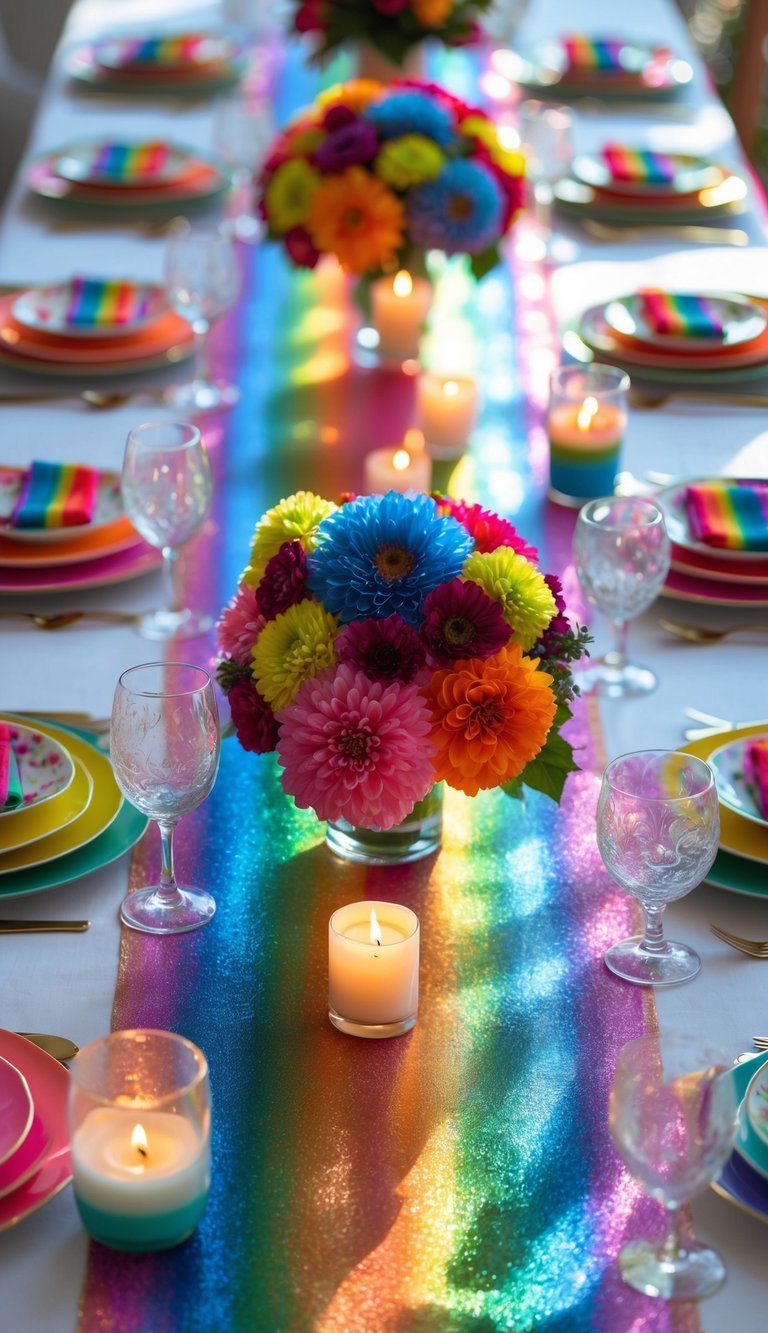 A full view of a table set with a colorful rainbow tablecloth, floral centerpieces, and lit candles.