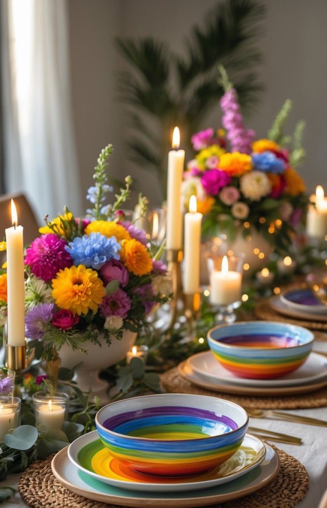 A dining table set with rainbow-striped bowls, woven placemats, lit candles, and colorful flower arrangements arranged along the center.