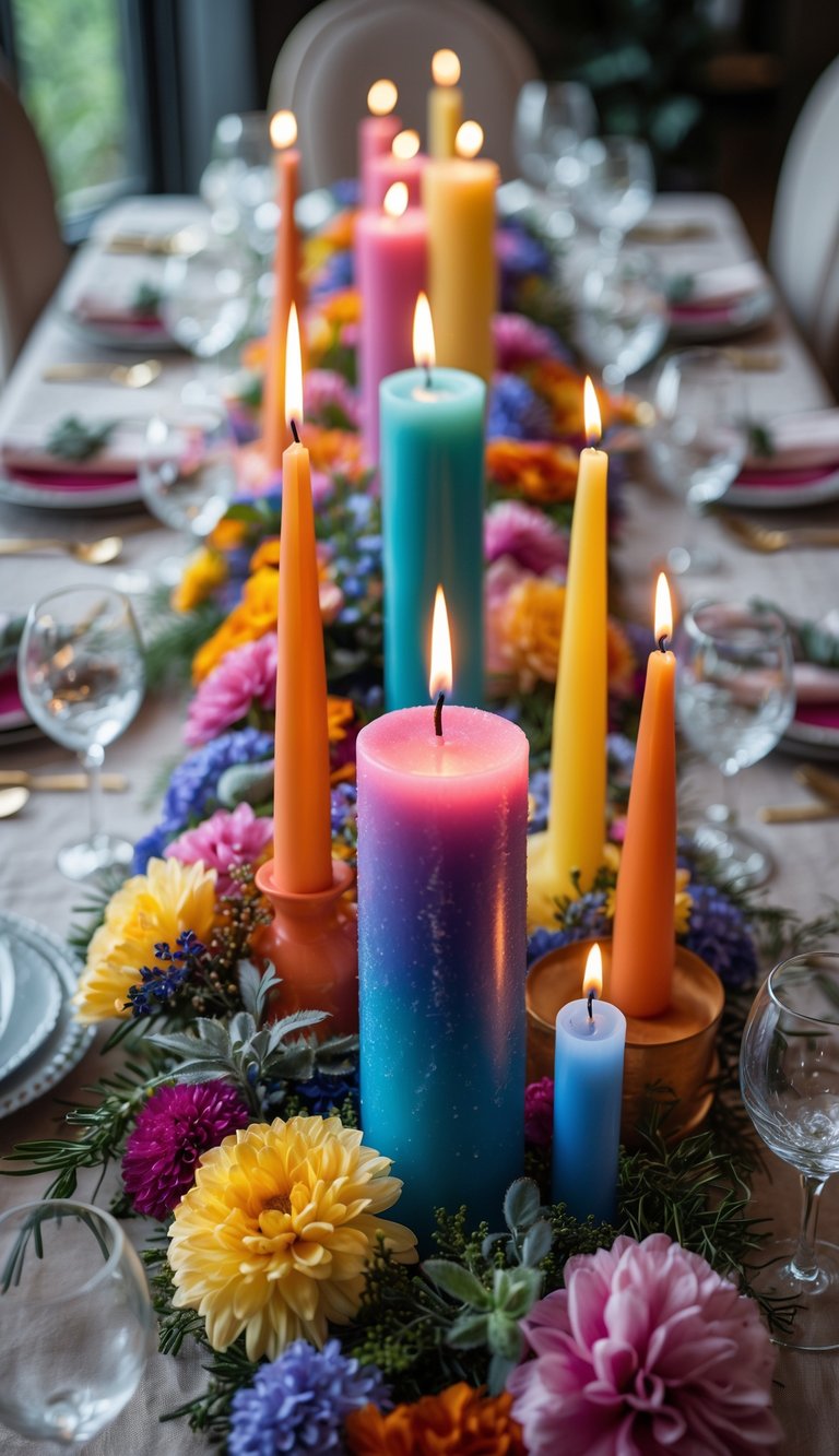 A full table set with colorful candles of varying heights and floral arrangements, arranged for an event or holiday celebration.