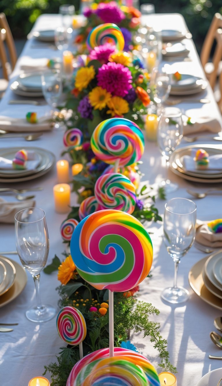 A full view of a table set for a holiday event with rainbow swirl lollipops at each place setting, surrounded by floral centerpieces and candles.