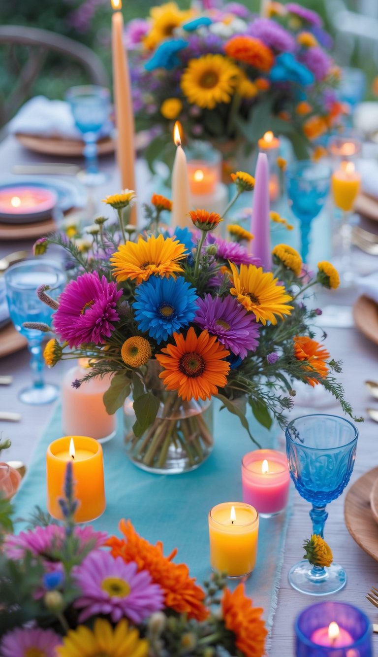 A full table set with colorful wildflower bouquets dyed in rainbow shades, candles, and floral arrangements under natural light.