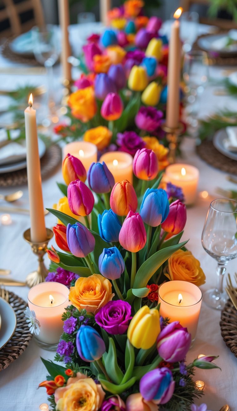 A full view of a decorated table with a centerpiece of rainbow-colored tulips and roses, surrounded by candles and floral arrangements.