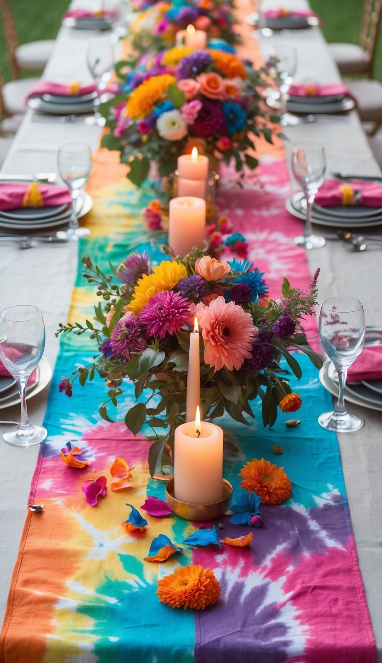 A full view of a table set for an event with a colorful tie-dye table runner, floral centerpieces, candles, and natural daylight illuminating the arrangement.