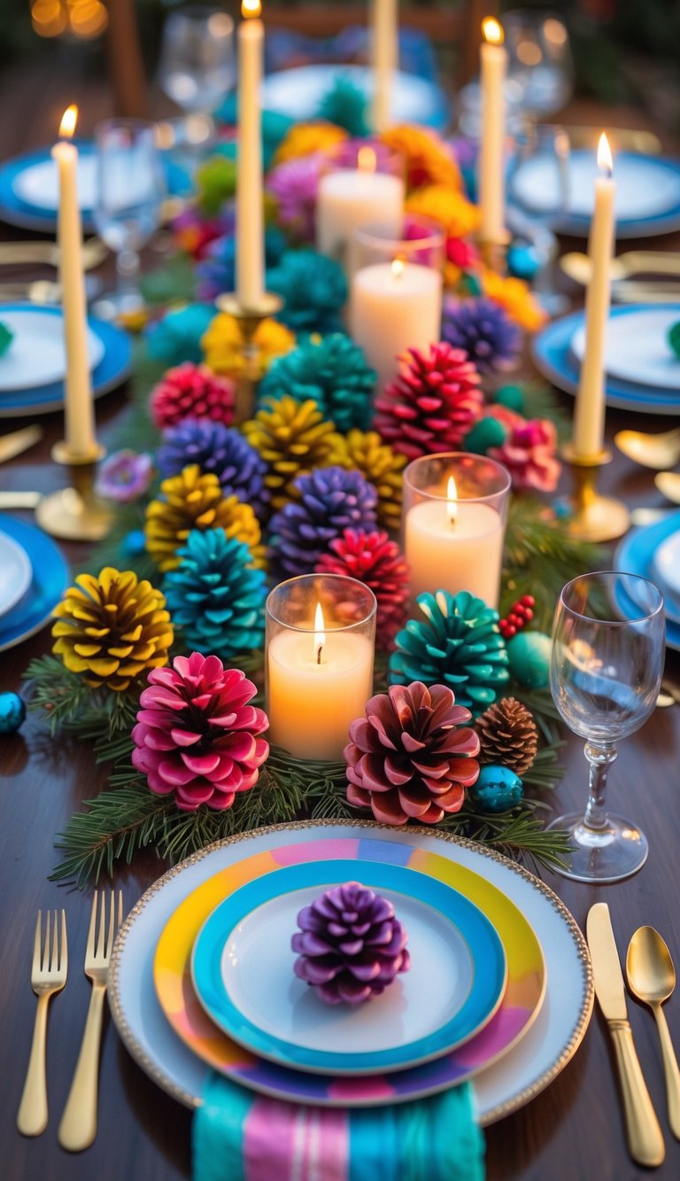 A full view of a decorated event table with rainbow-colored pinecone decorations, candles, flowers, and neatly arranged dinnerware.