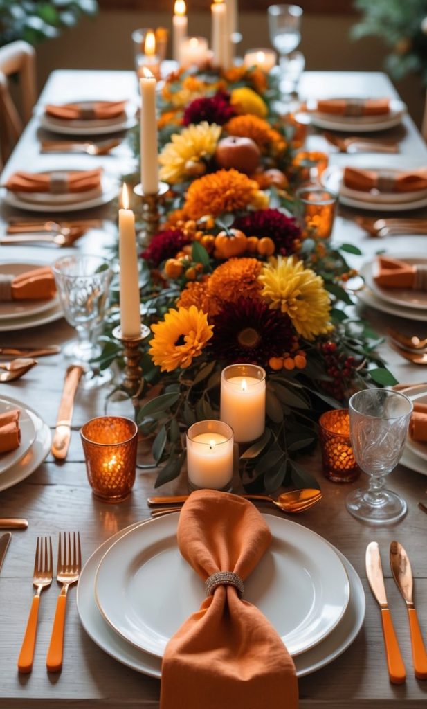 A long dining table set with white plates, orange napkins, gold cutlery, and a floral centerpiece with candles and autumn decorations.