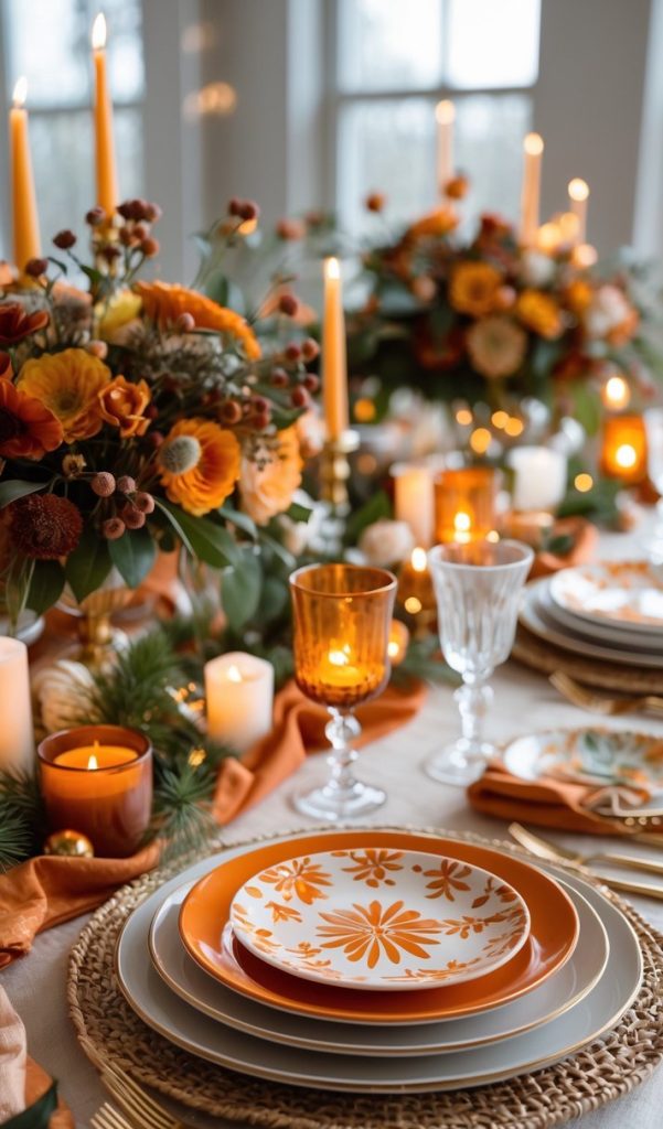 Elegant autumn-themed table setting with orange and white floral plates, gold flatware, amber glassware, floral centerpieces, and lit candles on a light tablecloth.