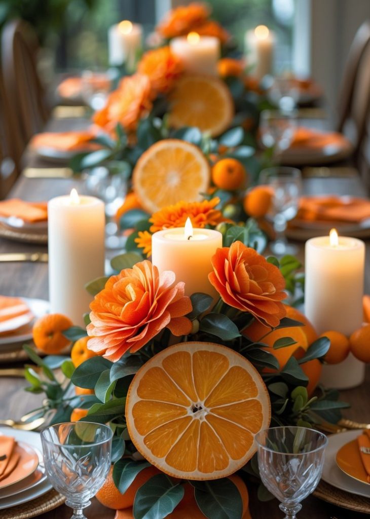 A table with oranges and candles.