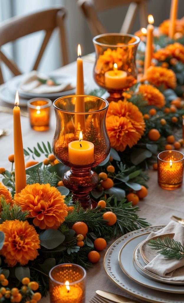 A dining table is set with orange candles, orange flowers, greenery, and elegant place settings, creating a festive and warm atmosphere.