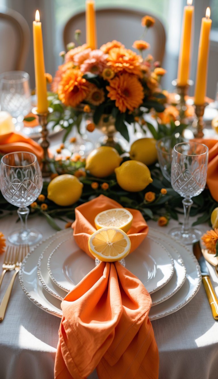 A full view of a table set with bright orange folded napkins topped with lemon twists, surrounded by floral centerpieces and lit candles.