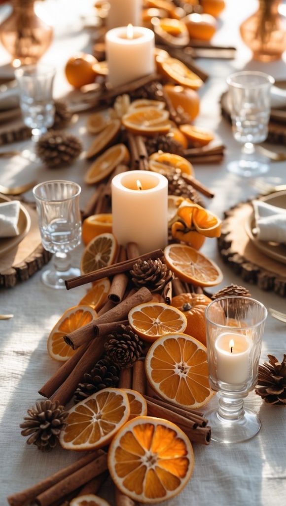 A table set with wood chargers, clear glasses, napkins, and a centerpiece of dried orange slices, pinecones, cinnamon sticks, and lit candles.