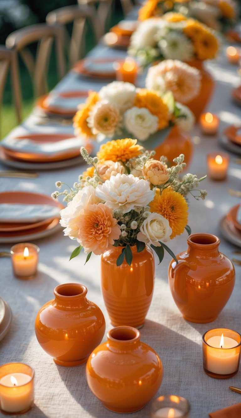 A full view of a table set with orange ceramic bud vases filled with flowers, surrounded by lit candles and natural daylight.
