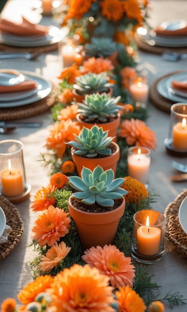 A table set for a meal features orange flowers, potted succulents, and lit candles arranged as a centerpiece, with plates and napkins neatly placed at each setting.