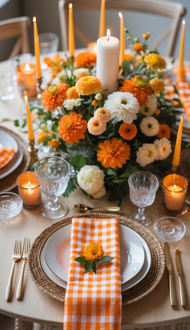 A full view of a holiday table set with orange gingham paper napkins, floral centerpiece, candles, and dinnerware on a wooden table.