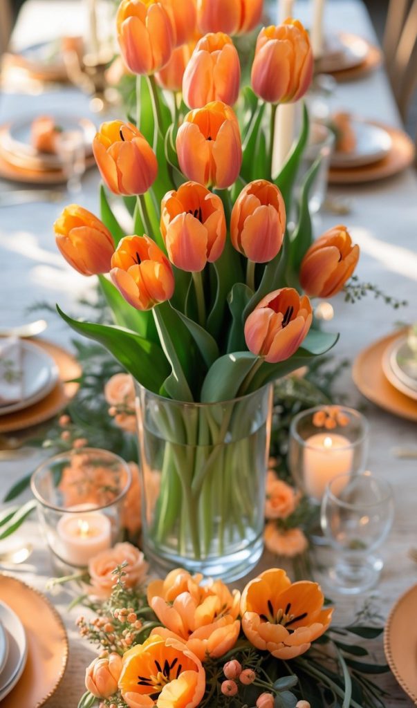 A clear glass vase filled with orange tulips serves as the centerpiece on an elegantly set dining table with matching floral accents and candles.