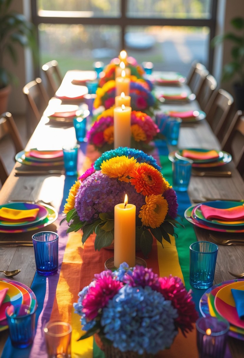 A full view of a colorful rainbow-themed table set with floral centerpieces, candles, plates, and glassware under natural light.
