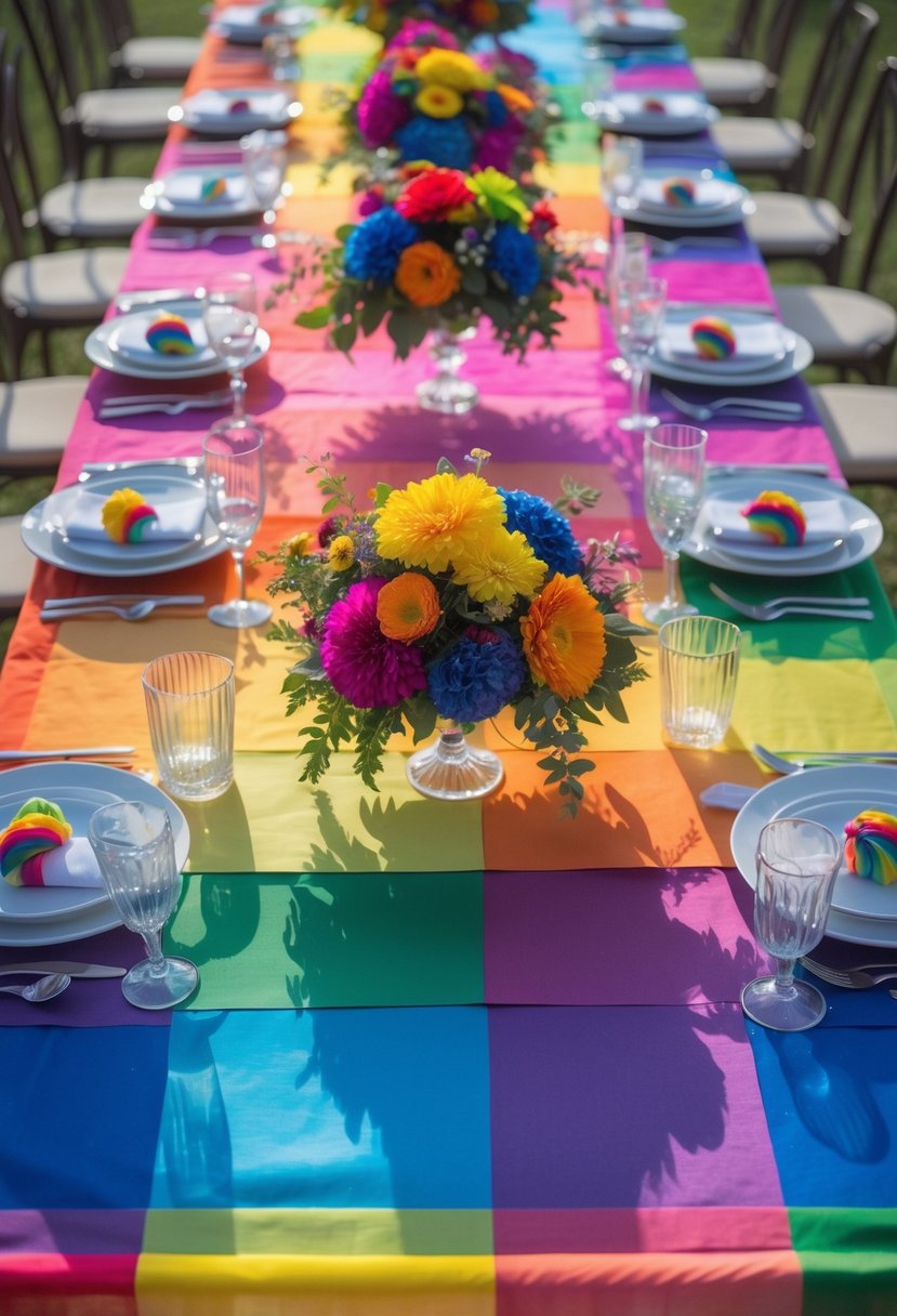 A full view of a table set for a celebration with a rainbow gradient tablecloth, floral centerpieces, candles, plates, and glassware under natural light.