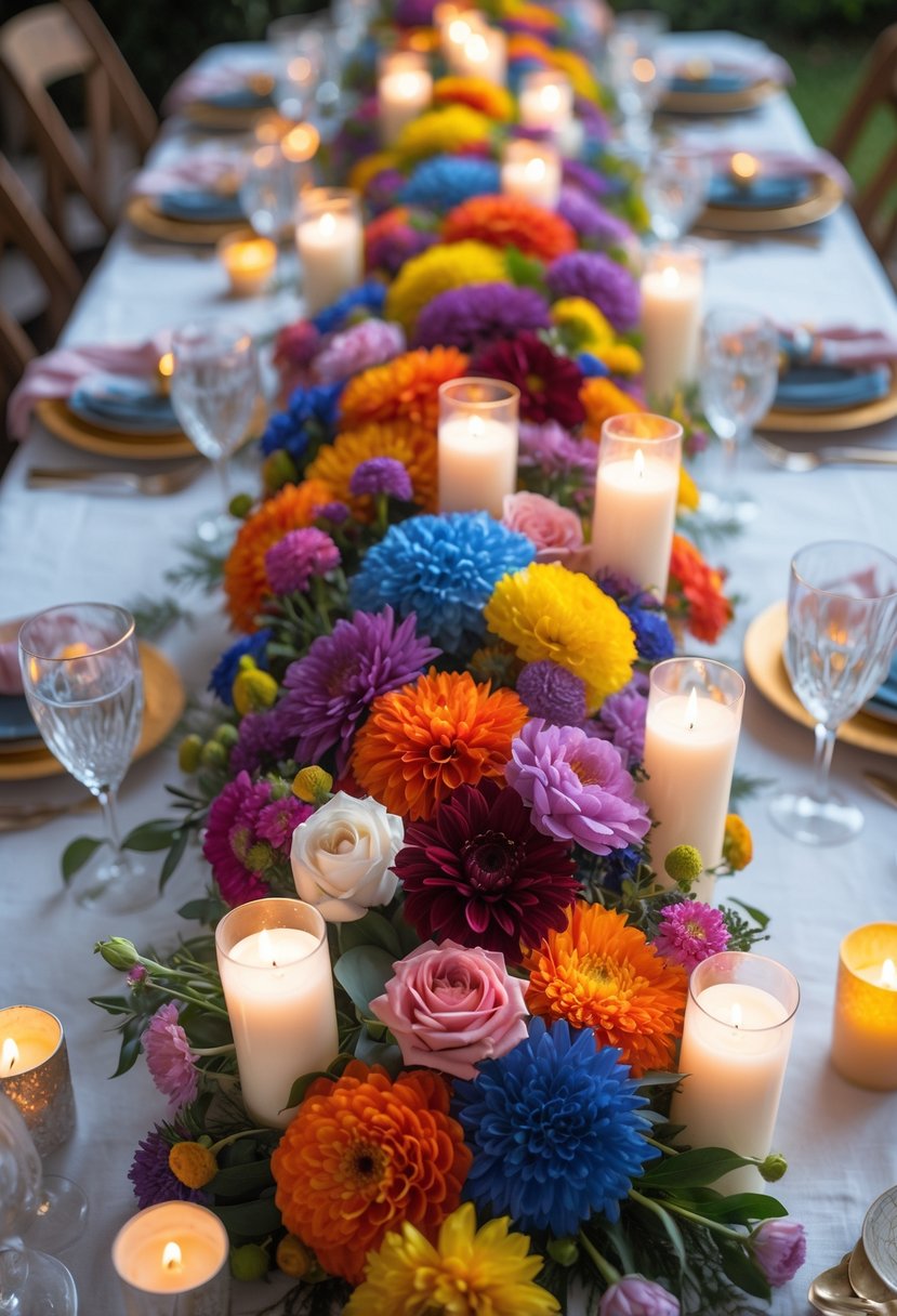 A full view of a table set for a celebration with a colorful floral centerpiece and lit candles surrounded by tableware.