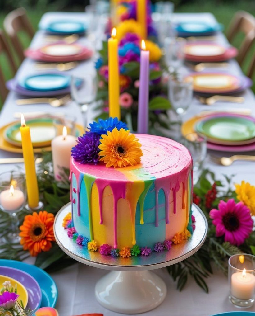 A rainbow drip cake decorated with colorful flowers sits on a table set with rainbow-themed plates, napkins, candles, and floral centerpieces.