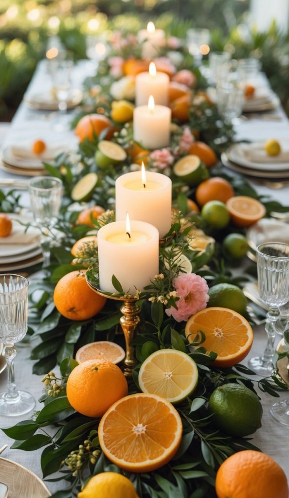 A long dining table decorated with lit candles, assorted citrus fruits, and greenery as a centerpiece, set with glassware and plates.
