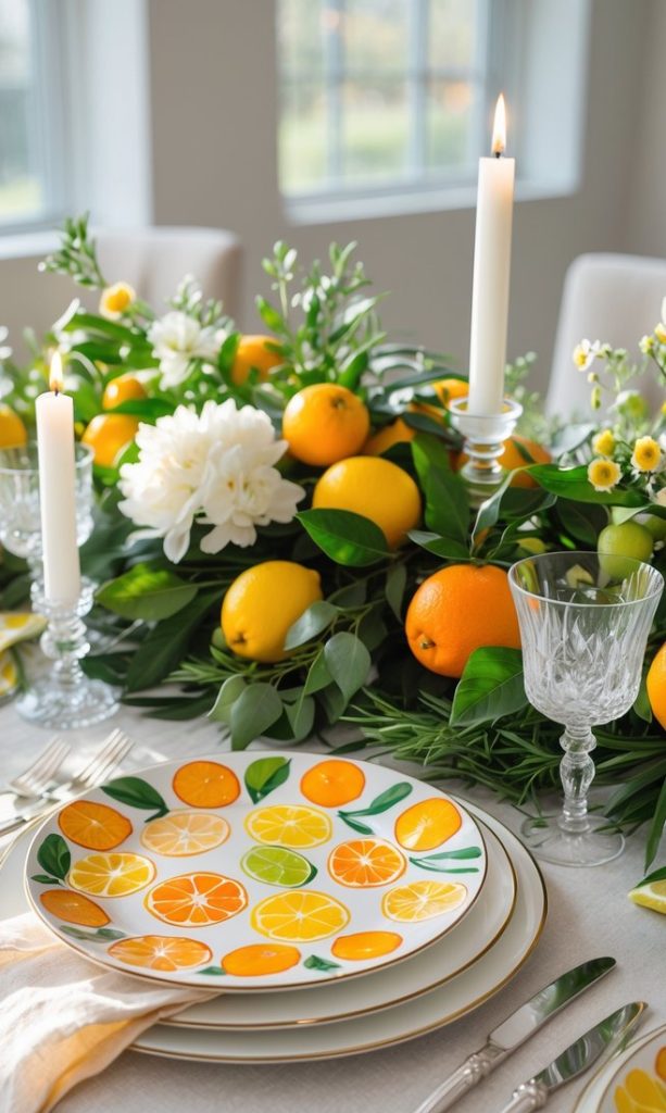 A dining table is set with citrus-themed plates, crystal glassware, silver cutlery, lit candles, and a centerpiece of oranges, lemons, and white flowers.