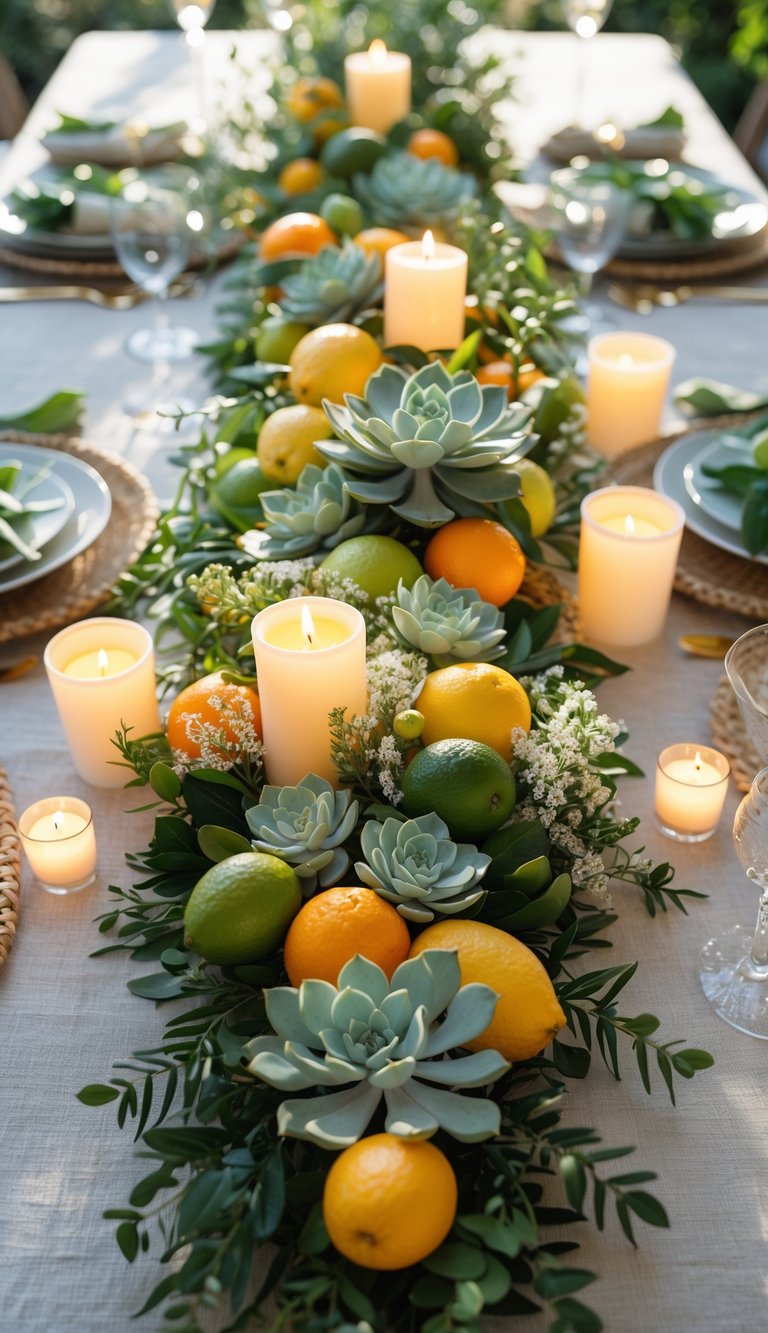 A dining table set with a centerpiece of succulents and citrus fruits, surrounded by candles and flowers, all illuminated by natural light.