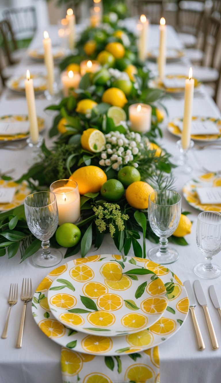 A beautifully arranged table with citrus patterned plates, fresh citrus fruits, green foliage, white and yellow flowers, and candles, all set in natural light.