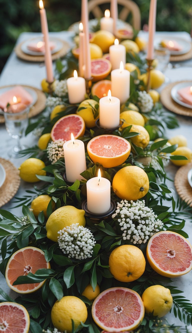 A beautifully arranged table with grapefruit and lemon candle clusters surrounded by fresh citrus fruits, green leaves, white flowers, and candles.