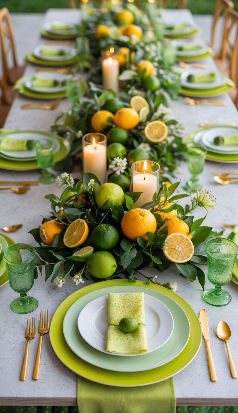 A full view of a tablescape featuring lime and gold cutlery, citrus fruits, green foliage, flowers, and candles arranged on a table.