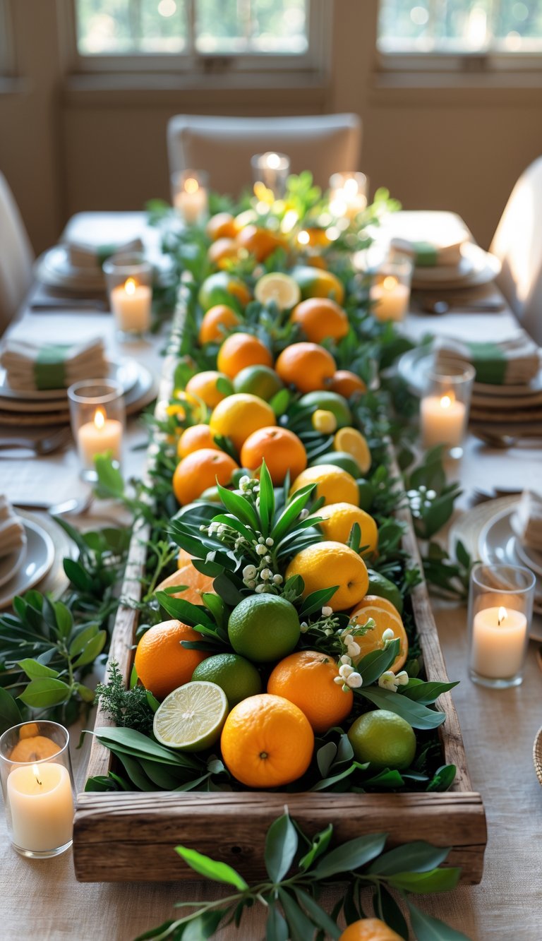 A dining table with a rustic wood tray filled with citrus fruits, surrounded by candles and flowers, set for an event or holiday.