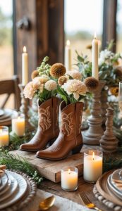 Brown cowboy boots filled with flowers serve as a centerpiece on a rustic dining table, surrounded by lit candles and elegant tableware.