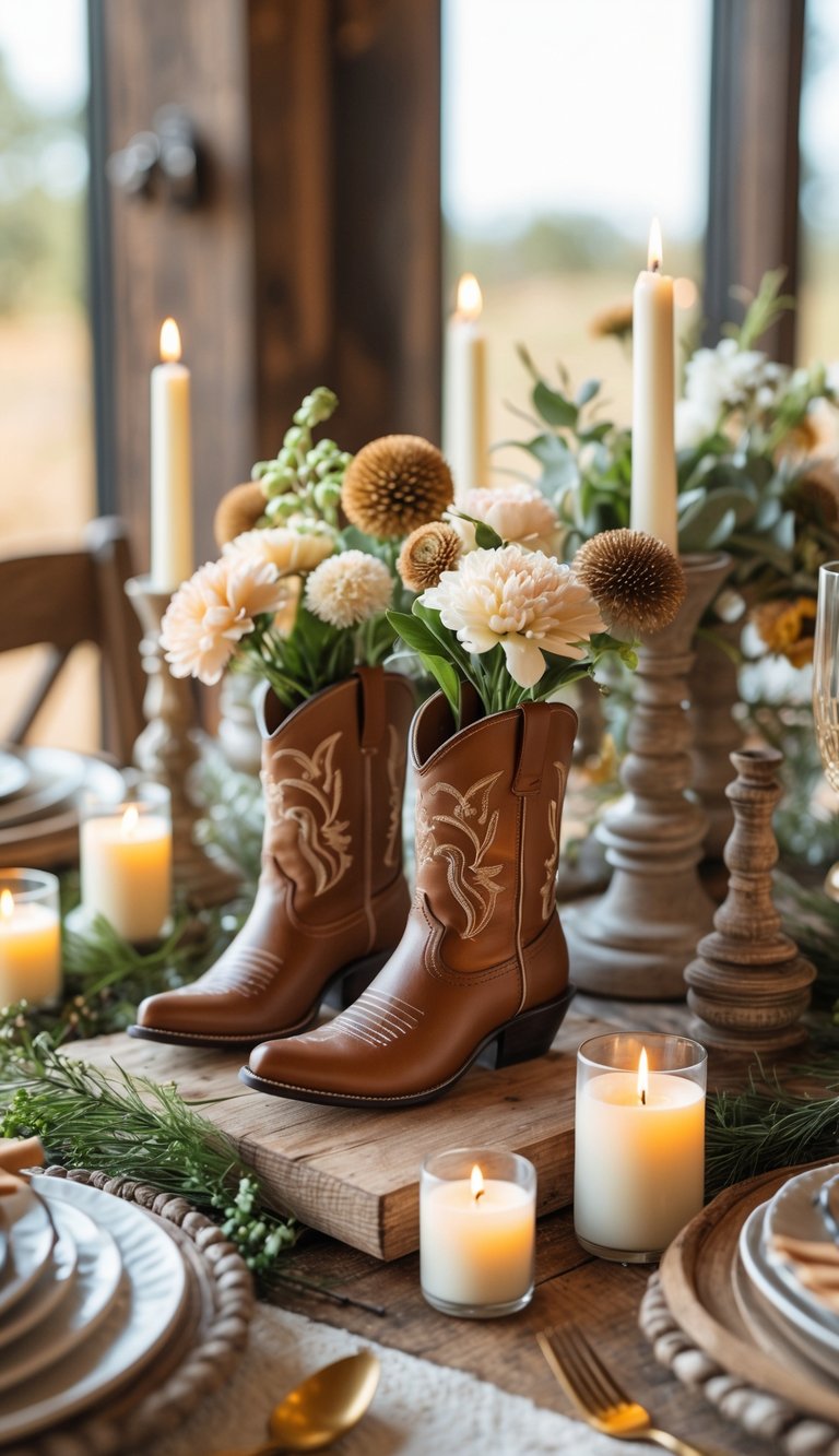 A western-themed event table with miniature cowboy boot vases, candles, and floral arrangements on a wooden table.