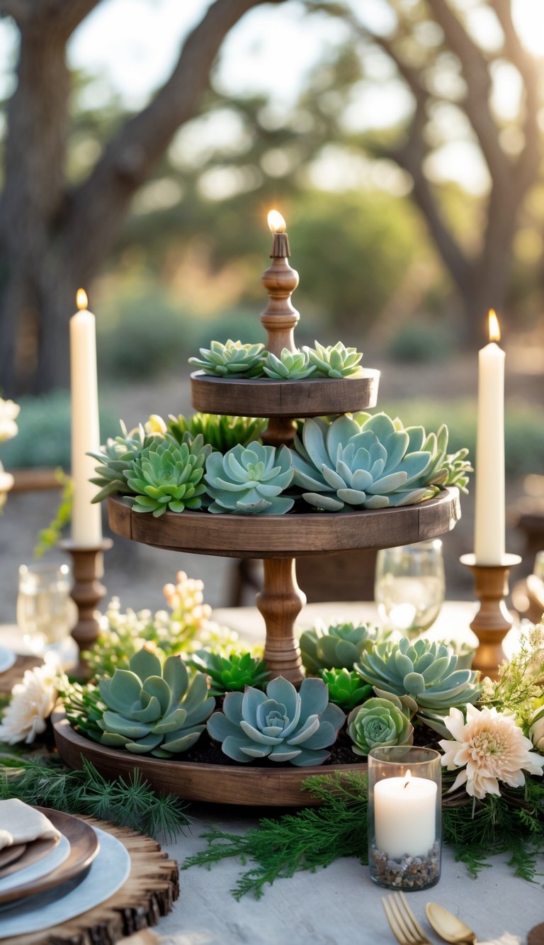 A western-themed table set with a tiered wooden tray holding succulents, surrounded by candles and flowers, illuminated by natural light.