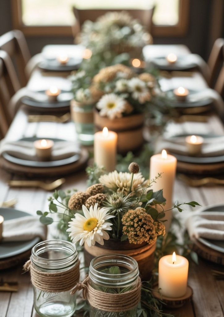 A rustic wooden dining table set with plates, striped napkins, lit candles, mason jars, and floral centerpieces featuring white and yellow flowers.