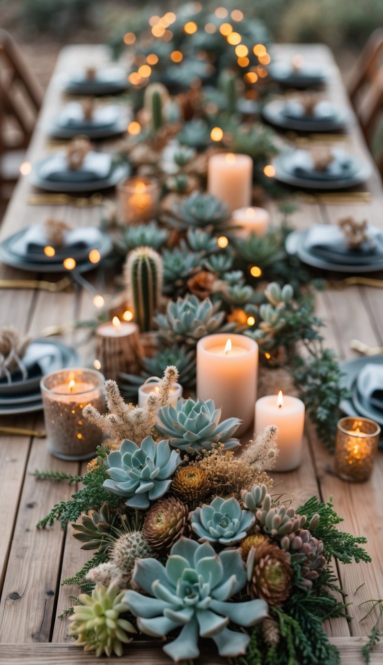 A wooden table set for an event with cactus string lights overhead, candles, succulents, and wildflowers arranged along the center.