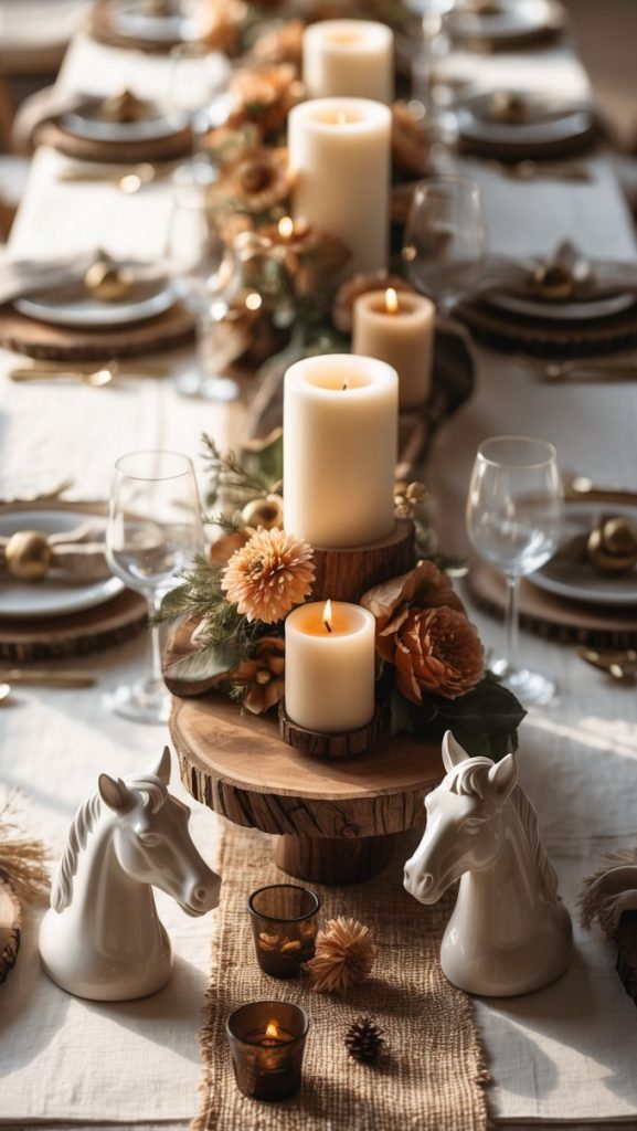 A decorated dining table with lit candles, floral arrangements, glassware, plates, and two white ceramic horse head figurines as centerpieces.