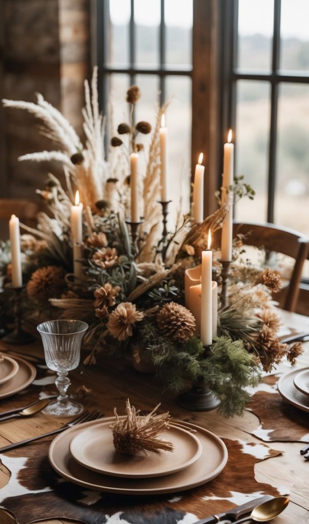 A rustic dining table set with brown plates, glassware, gold cutlery, and a centerpiece of candles and dried flowers, placed near a window with natural light.