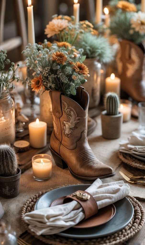 A rustic table setting features cowboy boots used as vases for flowers, surrounded by candles, cacti, plates, and neatly folded napkins.