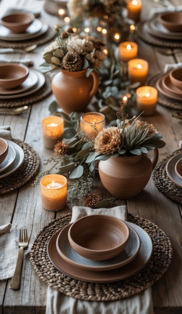 A rustic table setting with brown ceramic plates, woven placemats, gold cutlery, lit candles, and vases of dried flowers on a wooden table.