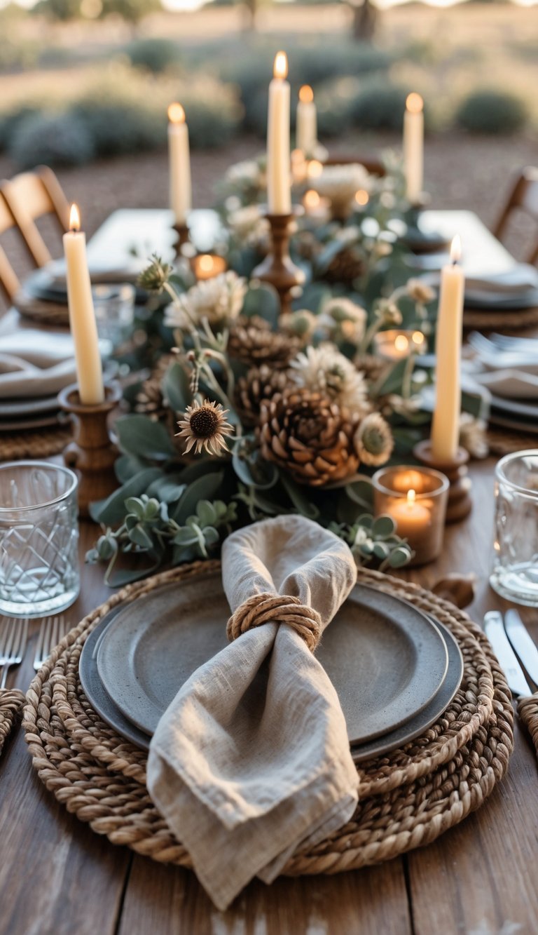 A western-themed dining table set with twisted rope napkin ties, wildflower centerpieces, candles, and natural light illuminating the table.