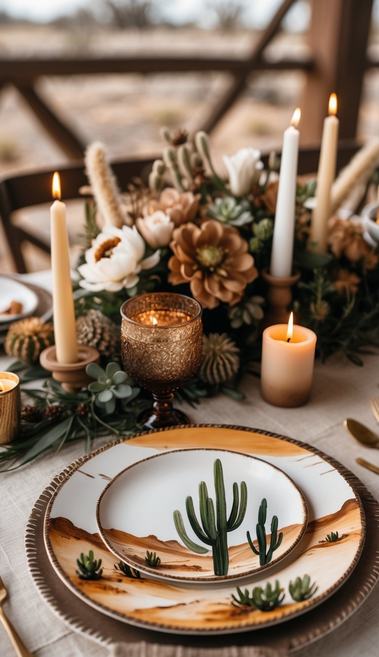 A beautifully set table with western-themed plates featuring desert scenes, surrounded by candles and floral centerpieces.