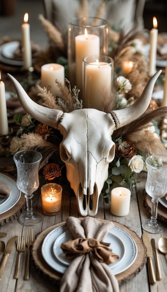 A rustic table setting with a cow skull centerpiece, surrounded by candles, dried flowers, plates, glassware, and gold cutlery on a wooden table.